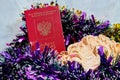 Colorful Christmas tinsel, passport citizen of Russia and big shell