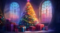 Colorful Christmas tree around it presents, interior of the house.Christmas banner with space for your own content Royalty Free Stock Photo