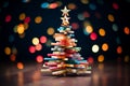 colorful christmas tree on a dark table with bokeh lights Royalty Free Stock Photo