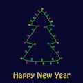 Colorful Christmas tree made of light bulb garland new year greeting card background. Hapy New Year