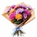 Colorful Chrysanthemum Bouquet: Purple, Green, And Pink Flowers In Light Orange And Gold Style