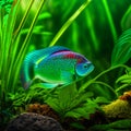 Colorful cichlid fish in the aquarium with green plants Generative AI