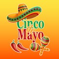 Colorful Cinco de Mayo banner with Mexico symbols, guitar, sombrero, chili and maracas. Illustration, poster vector