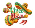 Colorful Cinco de Mayo banner with Mexico symbols, guitar, sombrero, chili and maracas. Illustration, poster vector