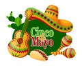 Colorful Cinco de Mayo banner with Mexico symbols, tacos, guitar, sombrero and maracas. Illustration, poster vector
