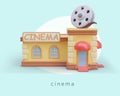 Colorful cinema building, front view. 3D vector illustration in cartoon style Royalty Free Stock Photo