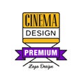 Colorful cinema or movie logo. Cinematography concept with yellow film director`s chair and purple ribbon. Flat line Royalty Free Stock Photo