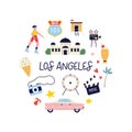 Colorful circle design with symbols, animals landmarks of Los Angeles, USA. Royalty Free Stock Photo