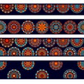 Colorful circle flower mandalas seamless borders collection in blue red and orange, vector