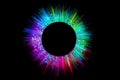 colorful circle frame circle light frame on black background Multi-coloured starbursts are radiating with radiance. Royalty Free Stock Photo