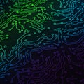 A colorful circuit board pattern featuring intricate, interconnected lines and nodes.