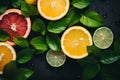 Colorful citrus fruis, food background, top view. Mix of different whole and sliced fruits: orange, grapefruit, lemon, lime and