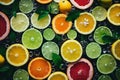 Colorful citrus fruis, food background, top view. Mix of different whole and sliced fruits: orange, grapefruit, lemon, lime and