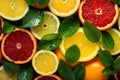 Colorful citrus fruis, food background, top view. Mix of different whole and sliced fruits: orange, grapefruit, lemon, lime and