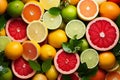 Colorful citrus fruis, food background, top view. Mix of different whole and sliced fruits: orange, grapefruit, lemon, lime and