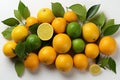 Colorful citrus fruits and yellow cocktails on clean white tablecloth background Royalty Free Stock Photo
