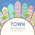 Colorful city background, abstract stylized houses card, banner, cover. Multicolored European houses in row, blue sky, lawn,
