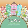 Colorful city background, abstract stylized houses card, banner, cover. Multicolored European houses in row, sunset sky, lawn,