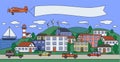 Colorful city image with houses, cars, plane and boat in the sea. Copyspace on a plane banner. Flat vector illustration