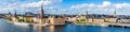 Stockholm city landscape of the old town, Gamla Stan and city hall island on the waterfront of Lake Malaren from Monteliusvagen