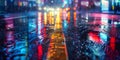 Colorful City Lights Reflecting on Wet Road Background: Rainy Urban Night, Rainy Night in the Big City - Ai Generated Royalty Free Stock Photo