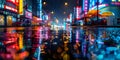 Colorful City Lights Reflecting on Wet Road Background: Rainy Urban Night, Rainy Night in the Big City - Ai Generated Royalty Free Stock Photo