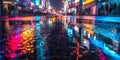 Colorful City Lights Reflecting on Wet Road Background: Rainy Urban Night, Rainy Night in the Big City - Ai Generated Royalty Free Stock Photo