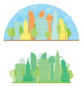 Colorful city silhouette and green city in flat style. Eco illustration for banner, stickers