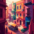 Colorful city street at sunset, cartoon vector illustration. Colorful street with old cars and people. Royalty Free Stock Photo