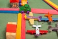 Colorful city toys cars aeroplanes houses Royalty Free Stock Photo