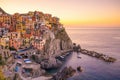 Colorful cityscape of buildings over Mediterranean sea, Europe, Cinque Terre in Italy