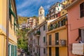 Colorful cityscape of buildings over Mediterranean sea, Europe, Cinque Terre in Italy