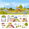 Colorful Cityscape with Kids Playground as Urban Summer Public Area for Playing and Equipment Vector Set Royalty Free Stock Photo