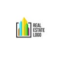 Colorful cityscape logo set in black frame. New buildings logotype. Real estate agency sign template.