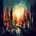 Colorful cityscape in painted abstract style.