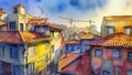 A colorful cityscape painting contrasts old buildings with modern cranes under a blue sky