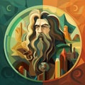 Colorful Cityscape Wizard: An Abstract Portrait With Iconographic Symbolism