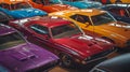 Colorful classic cars parked in a row at a parking lot, AI-generated. Royalty Free Stock Photo