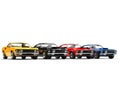 Colorful classic muscle cars in a row