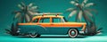 Colorful classic travel car on vacations. Green background.