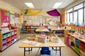 colorful classroom with arts and crafts supplies, books, and notebooks for young students Royalty Free Stock Photo