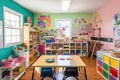 colorful classroom with arts and crafts supplies, books, and notebooks for young students Royalty Free Stock Photo