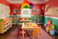 colorful classroom with arts and crafts supplies, books, and notebooks for young students Royalty Free Stock Photo