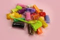 Colorful clay, plasticine with tools on a pink background Royalty Free Stock Photo