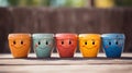 Colorful clay pots with painted smiley faces standing on a wooden table Royalty Free Stock Photo