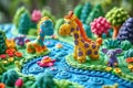 A colorful claymation image of a giraffe, an elephant, a turtle, a mouse, and some trees and flowers