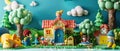 A colorful claymation image of a house and a family playing outside Royalty Free Stock Photo