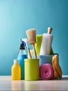 Colorful cleaning supplies on blue background