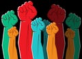 Colorful clenched fists hands raised in the air. Protest, strength, freedom, revolution, rebel, revolt concept design vector