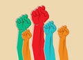 Colorful clenched fists hands raised in the air. Protest, strength, freedom, revolution, rebel, revolt concept design vector icons Royalty Free Stock Photo